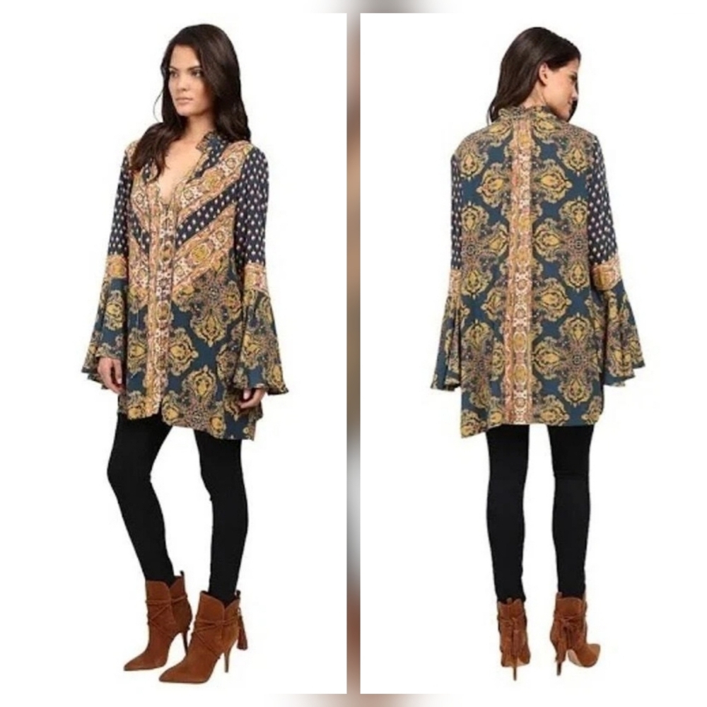 Free People Magic Mystery Bell Sleeve Tunic Dress Top Boho Print Sz Small